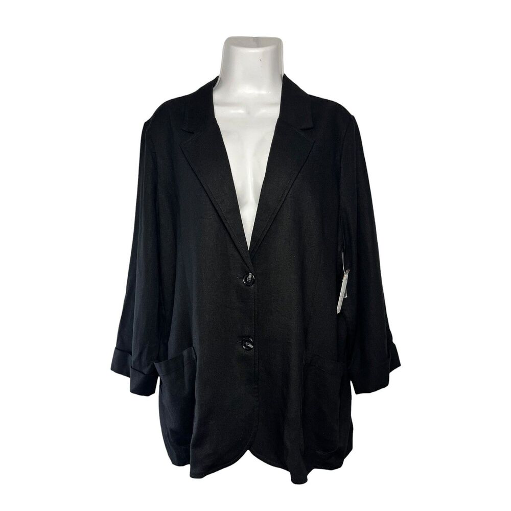Time & Tru Womens L 12-14 Black Linen Blazer Jacket NWT Relaxed Fit Pockets
